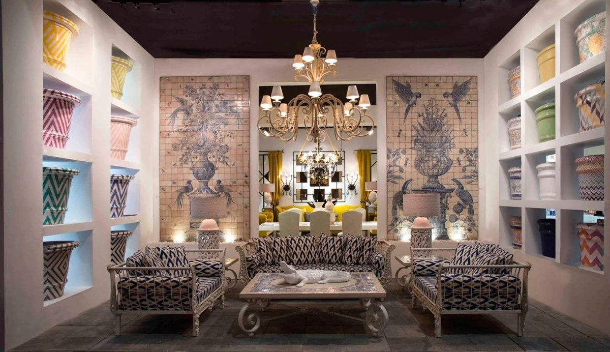 Casa Padrino sofá barroco de lujo blanco / azul / oro 212 x 87 x A. 77 cm - Sofá de hierro forjado forjado a mano con cojines - Sofá de Salón - Sofá de Jardín - Sofá de Patio - Muebles Barrocos