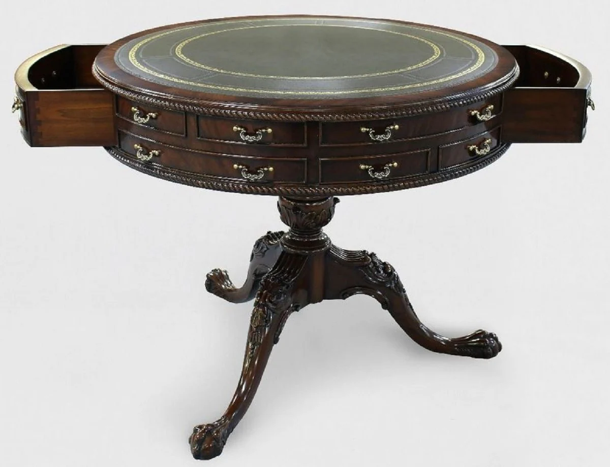 Casa Padrino mesa auxiliar barroco de lujo marr¨®n / verde / oro ? 91 x A. 76 cm - Mesa redonda de caoba con 14 cajones y piel genuina - Muebles barrocos de caoba