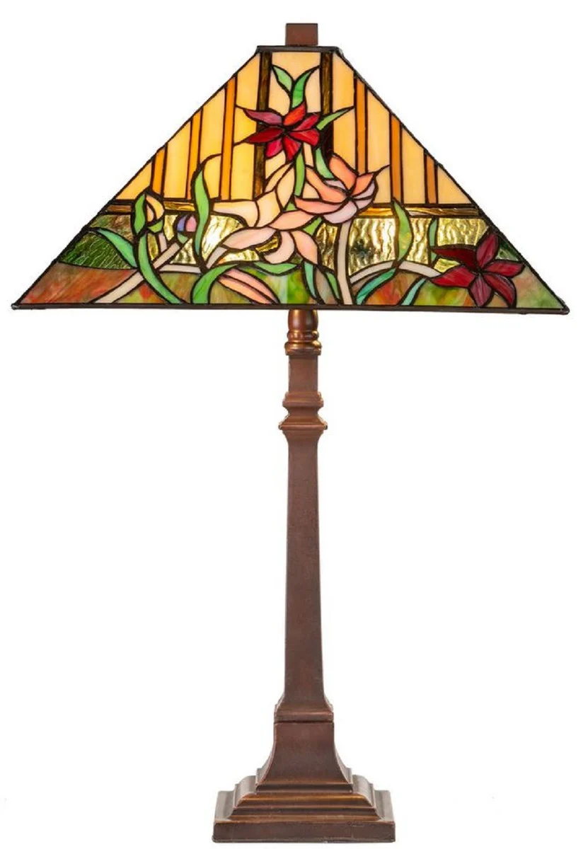 Casa Padrino Lámpara de Mesa Tiffany de Lujo con Diseño Floral Marrón / Multicolor 40 x 40 x H. 62 cm - Lámpara Tiffany con Pantalla de Vidrio Hecha a Mano