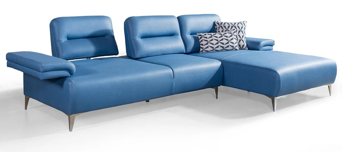 Casa Padrino sof¨¢ esquinero de cuero artificial de lujo azul / plata 285 x 182 cm - Muebles de sal¨®n