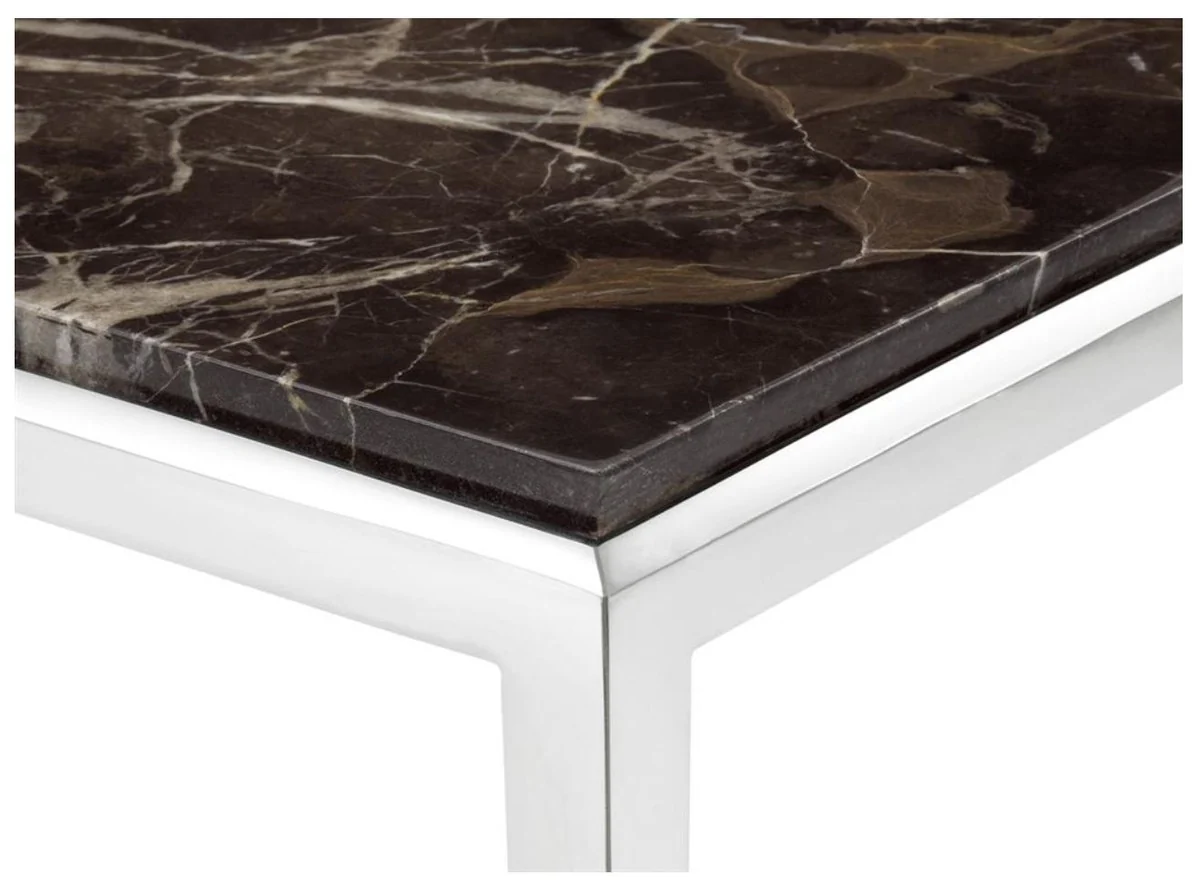 Casa Padrino consola de la sala de estar en plata con placa de m¨¢rmol marr¨®n 152 x 40 x H. 76 cm - calidad de lujo