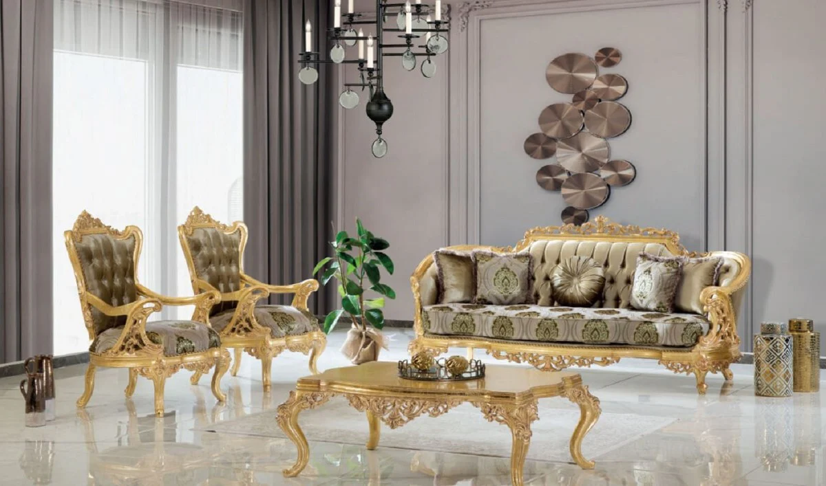 Casa Padrino sof¨¢ barroco de lujo verde / gris / oro 235 x 95 x A. 110 cm - Sof¨¢ de sal¨®n hecho a mano con patr¨®n elegante - Muebles de sal¨®n barrocos - Noble y Magn¨ªfico