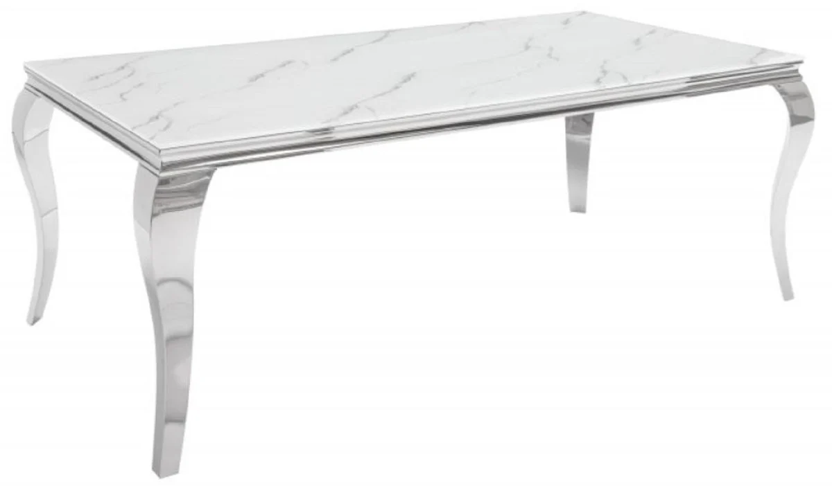 Casa Padrino mesa de comedor de dise?o blanco / gris / plata 180 x 95 x A. 75 cm - Mesa de cocina de acero inoxidable con vidrio de seguridad impreso digitalmente en aspecto m¨¢rmol - Muebles barrocos modernos