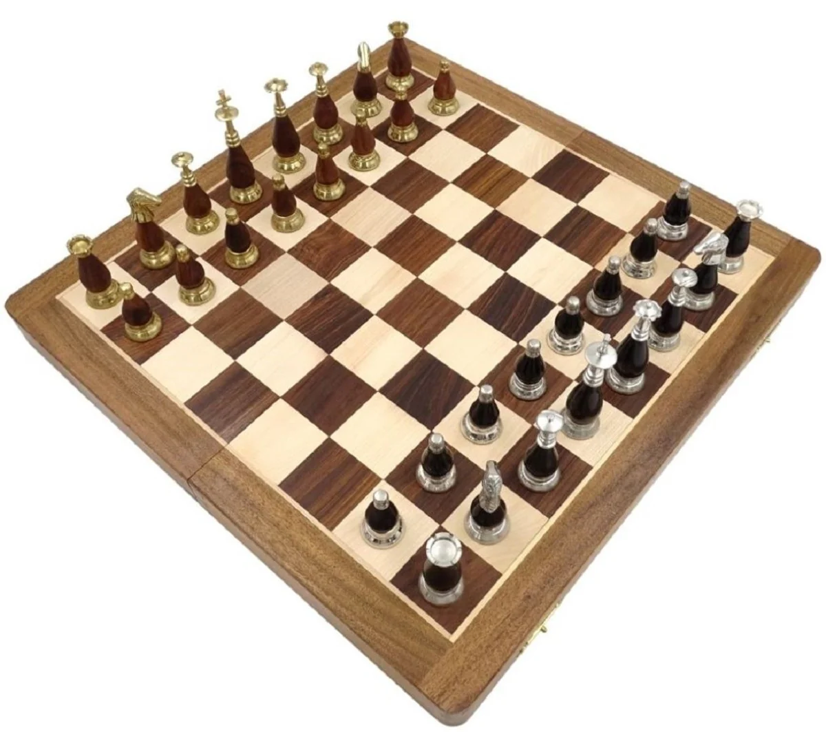 Casa Padrino conjunto de ajedrez de lujo marr¨®n / beige / plata / oro 40 x 40 cm - Ajedrez de madera plegable - Tablero de ajedrez de madera con piezas de ajedrez de lat¨®n - Accesorios de lujo