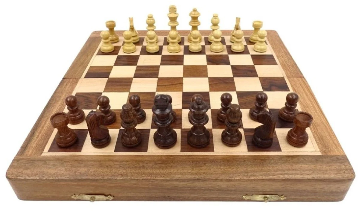 Casa Padrino conjunto de ajedrez de lujo marrón / beige 25 x 25 cm - Ajedrez de madera plegable - Tablero de ajedrez de madera con piezas de ajedrez de madera - Accesorios de lujo