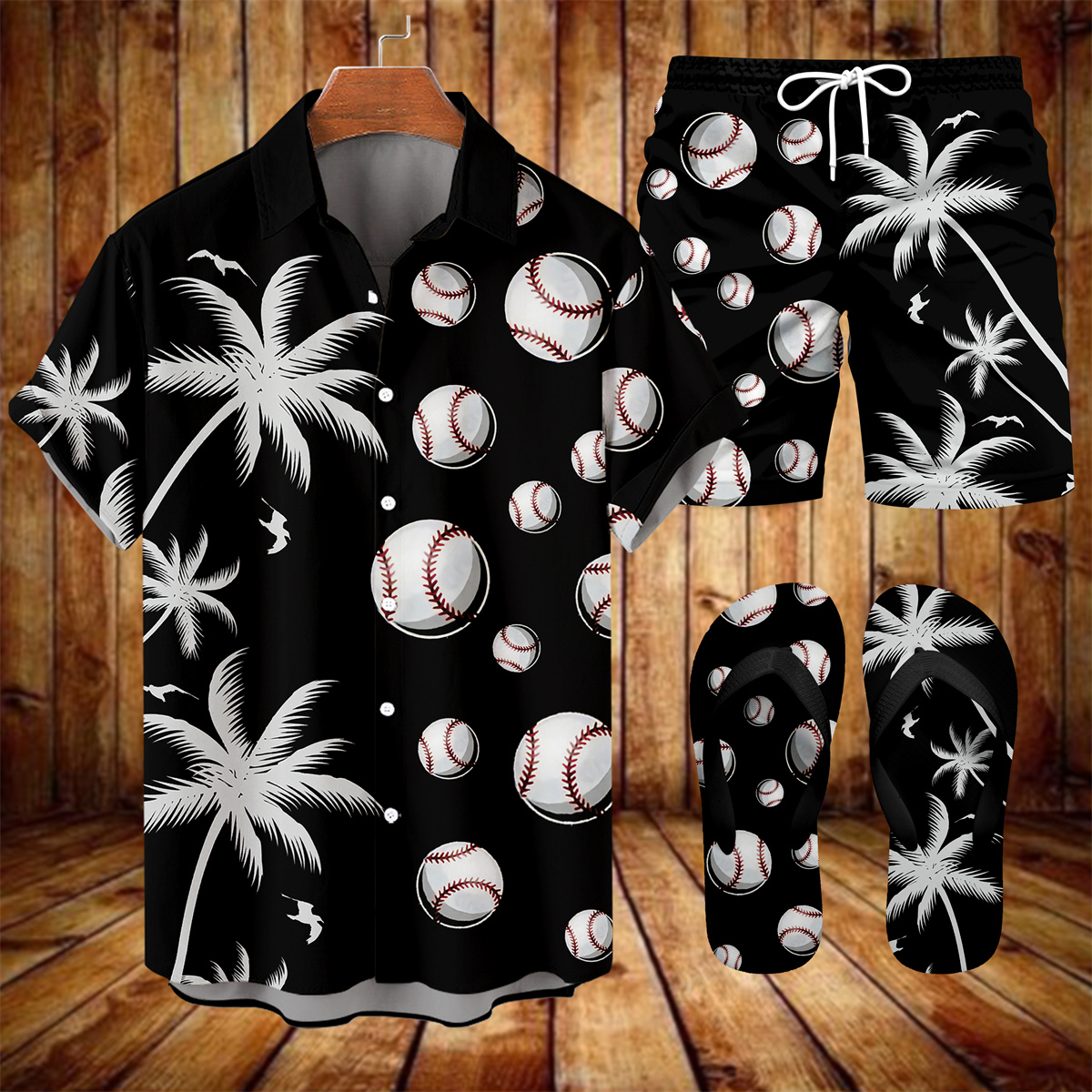 Suitmens Men's Tiki Party Hawaiian Vacation Print Three-Piece Set 023