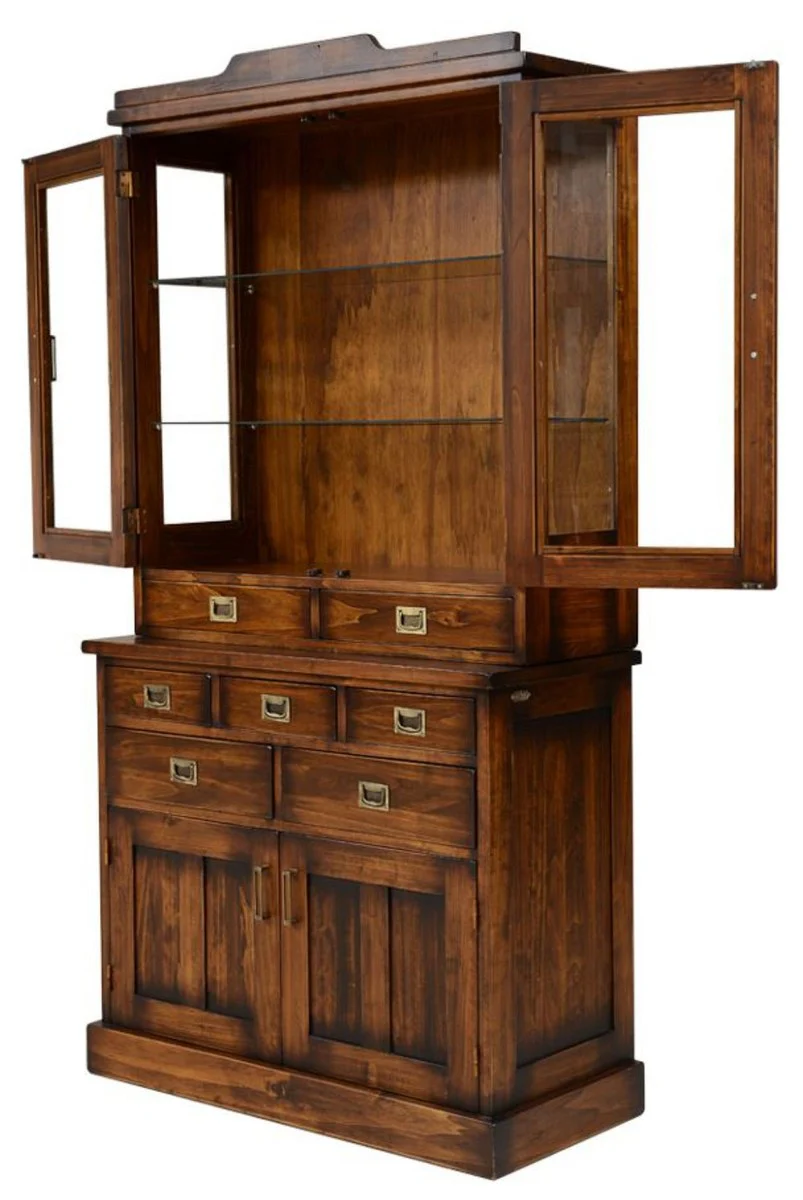 Casa Padrino vitrina de estilo vintage de lujo marrón / latón 102,5 x 46 x A. 198 cm - Vitrina de madera maciza con 4 puertas y 7 cajones - Muebles de estilo vintage - Muebles de lujo
