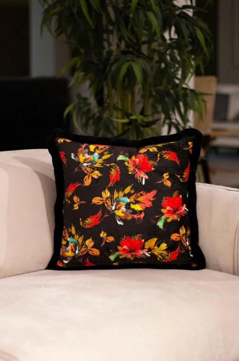 Casa Padrino almohada decorativa de lujo diseño hojas de otoño negro / multicolor 45 x 45 cm - Almohada de terciopelo estampada con flecos - Accesorios Decorativos
