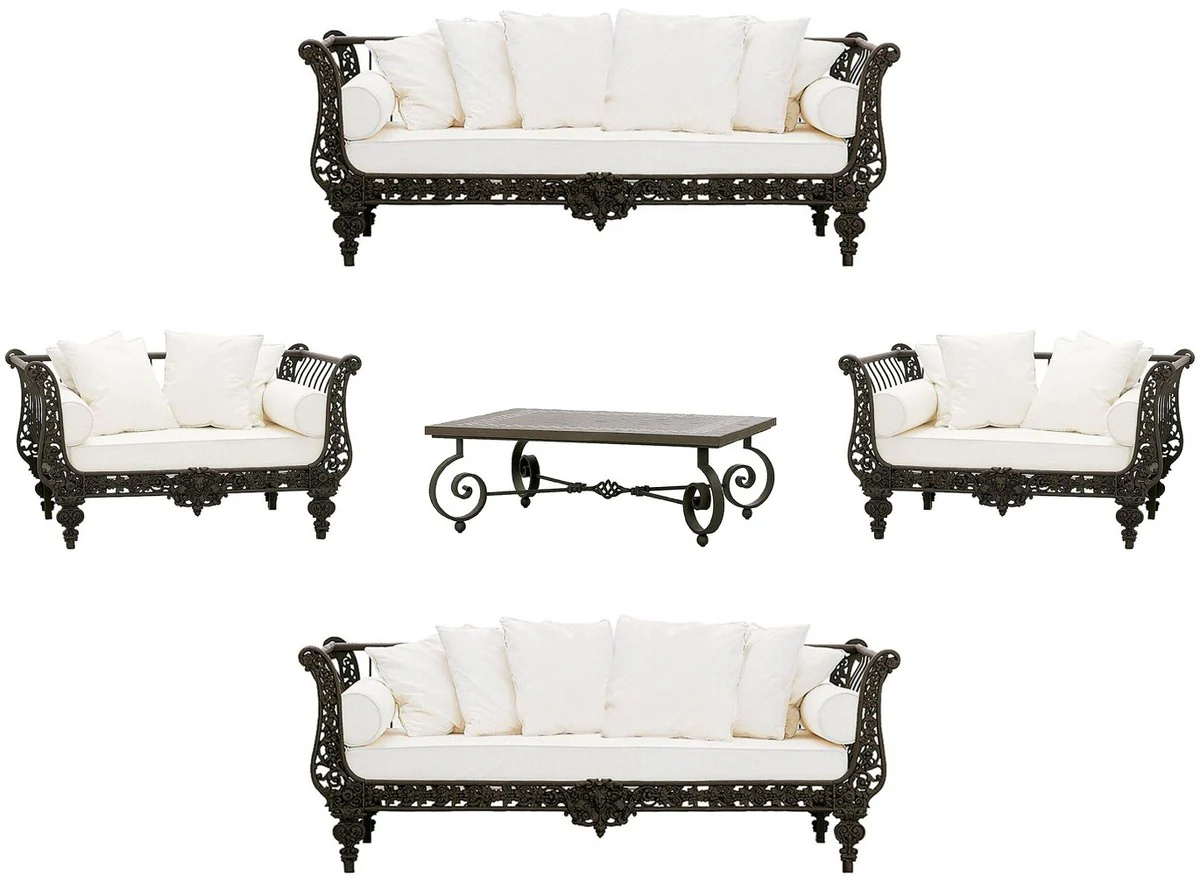 Casa Padrino Conjunto de Muebles de Hierro Forjado Barroco de Lujo Marr¨®n Oscuro / Blanco - 2 Sof¨¢s & 2 Sillones & 1 Mesa de Centro - Muebles de Sal¨®n - Muebles Jard¨ªn - Muebles Barrocos de Lujo
