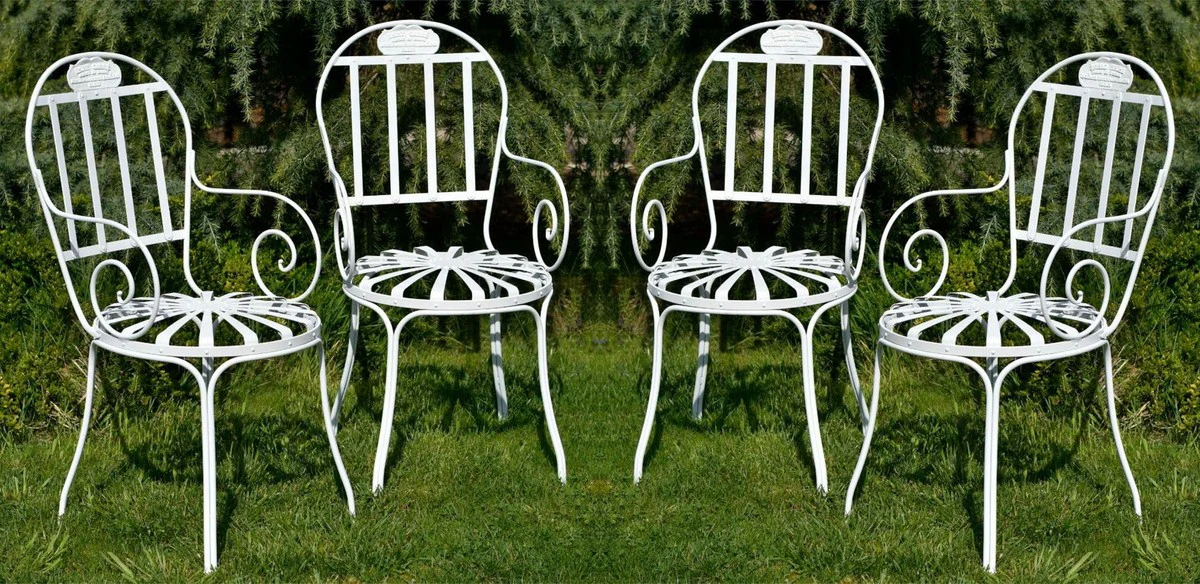 Casa Padrino conjunto de 4 sillas de jard¨ªn Art Nouveau blanco 47 x 47 x A. 94 cm - Sillas de hierro forjado hechas a mano con reposabrazos - Muebles de jard¨ªn y patio hierro forjado nost¨¢lgicos