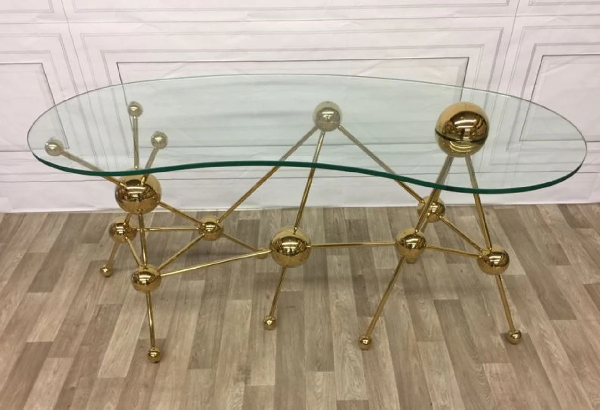 Casa Padrino escritorio de dise?o de lujo oro 160 x 75 x A. 77 cm - Mesa de oficina de metal con tapa de vidrio curvo - Mesa de ordenador - Muebles de oficina de dise?o de lujo