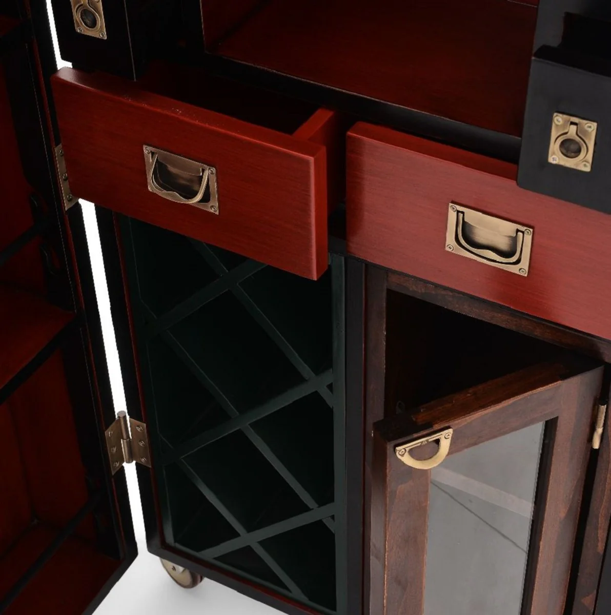 Casa Padrino armario bar de lujo con ruedas negro antiguo 59 x 51 x A. 120 cm - Armario maleta en look retro - Mueble bar estilo retro - Mueble bar - Muebles de lujo