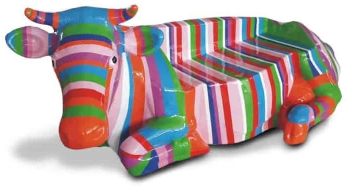 Casa Padrino banco de diseño vaca con rayas de colores 208 x 90 x A. 109 cm - Banco de jardín de vaca escultura resistente a la intemperie - Accesorios de decoración de jardín y terraza