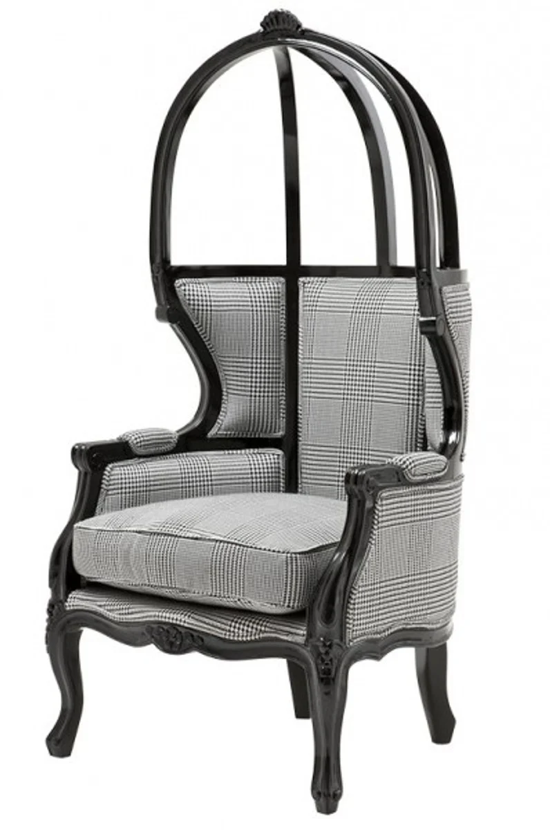 Casa Padrino luxury baroque throne Black / Grey Plaid - Balloon Chair -Thron chair Tron