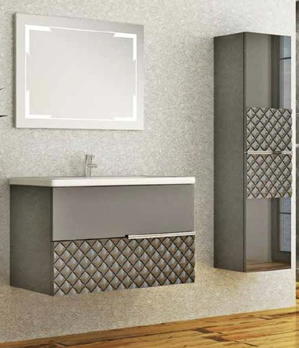 Casa Padrino Conjunto de Ba?o de Lujo Gris / Negro - 1 Mesa de Lavado y 1 Lavado y 1 Espejo de Pared LED y 1 Gabinete Colgante - Colecci¨®n de Lujo