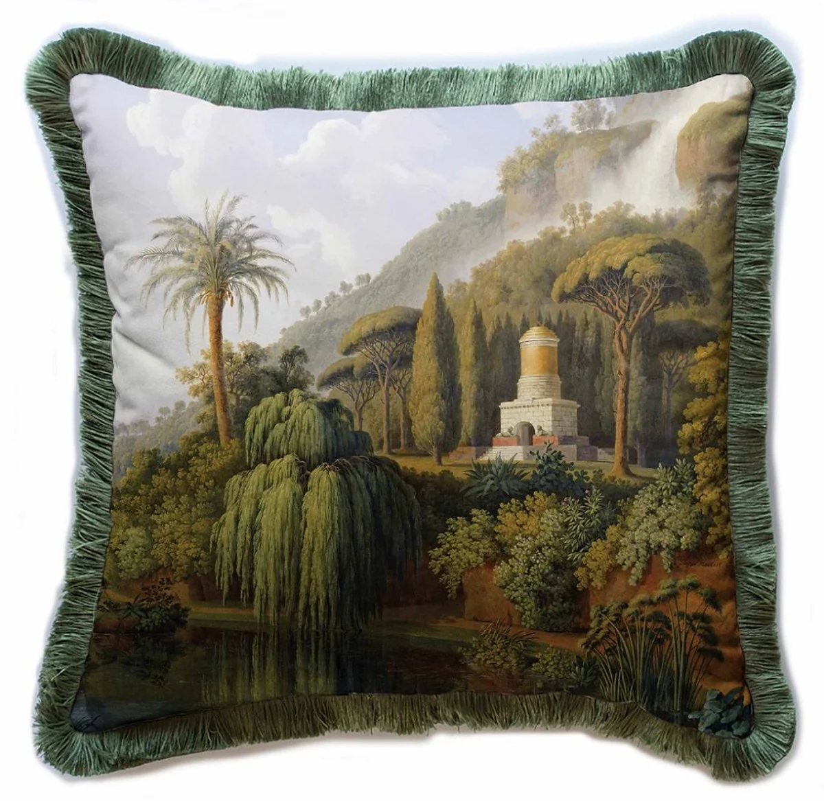 Casa Padrino cojín decorativa de lujo paisaje multicolor / verde 45 x 45 cm - Almohada de terciopelo estampado con flecos - Accesorios decorativos de lujo