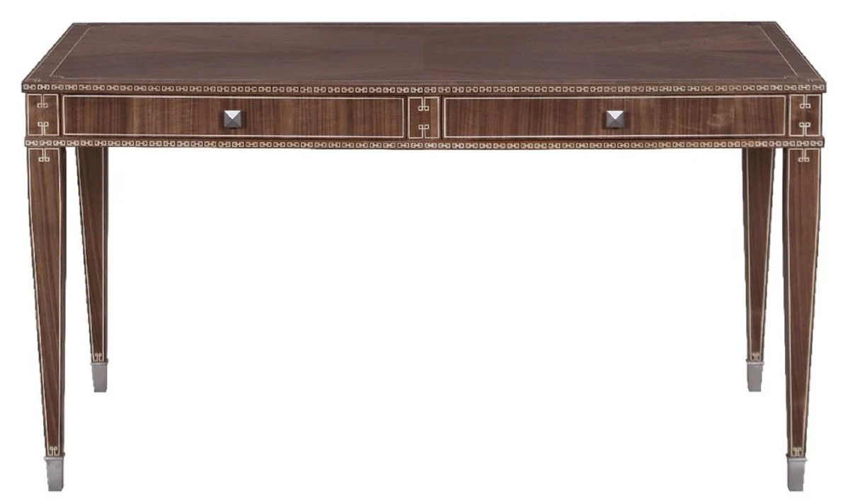 Casa Padrino Escritorio Art Deco de Lujo con 2 Cajones Marr¨®n / Plata 141 x 70 x A. 75 cm - Mesa de Oficina de Madera Maciza - Muebles de Oficina - Muebles Art Deco - Muebles de Lujo