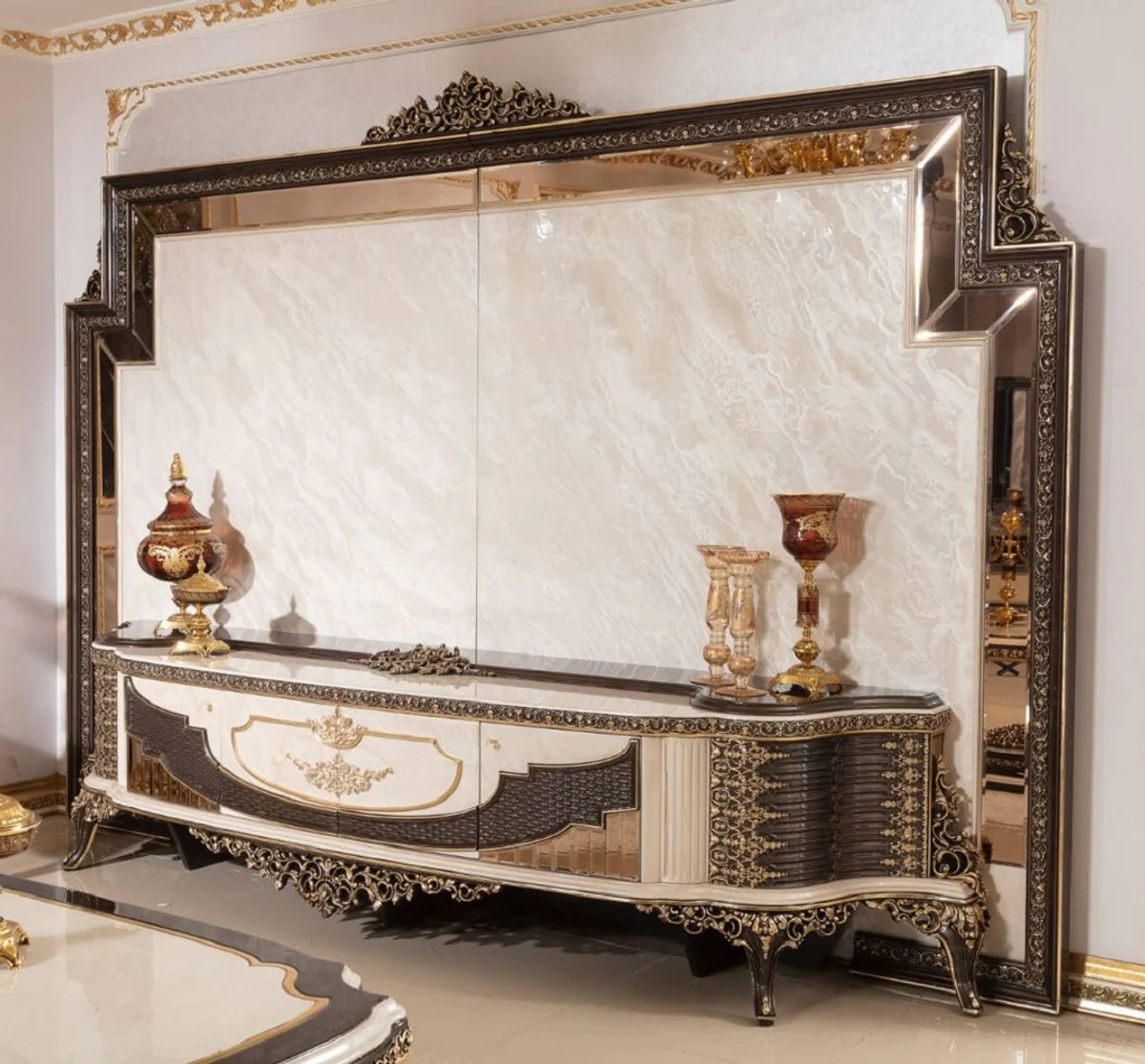 Casa Padrino armario de TV barroco de lujo crema / marrón oscuro / oro