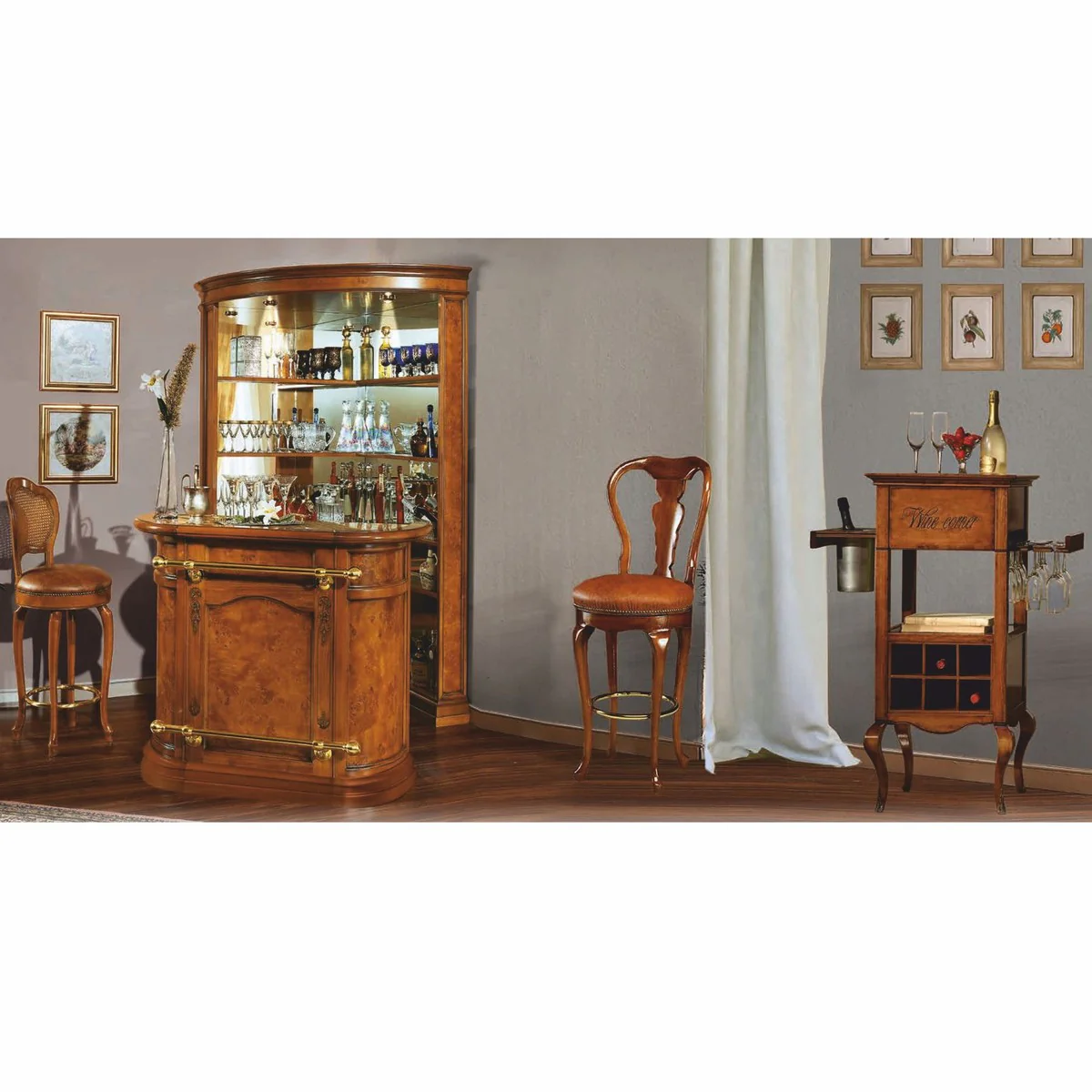 Casa Padrino Silla de Bar Barroco de Lujo en Cuero Marr¨®n / Oro A. 120 cm - Muebles de Bar - Hecho en Italia