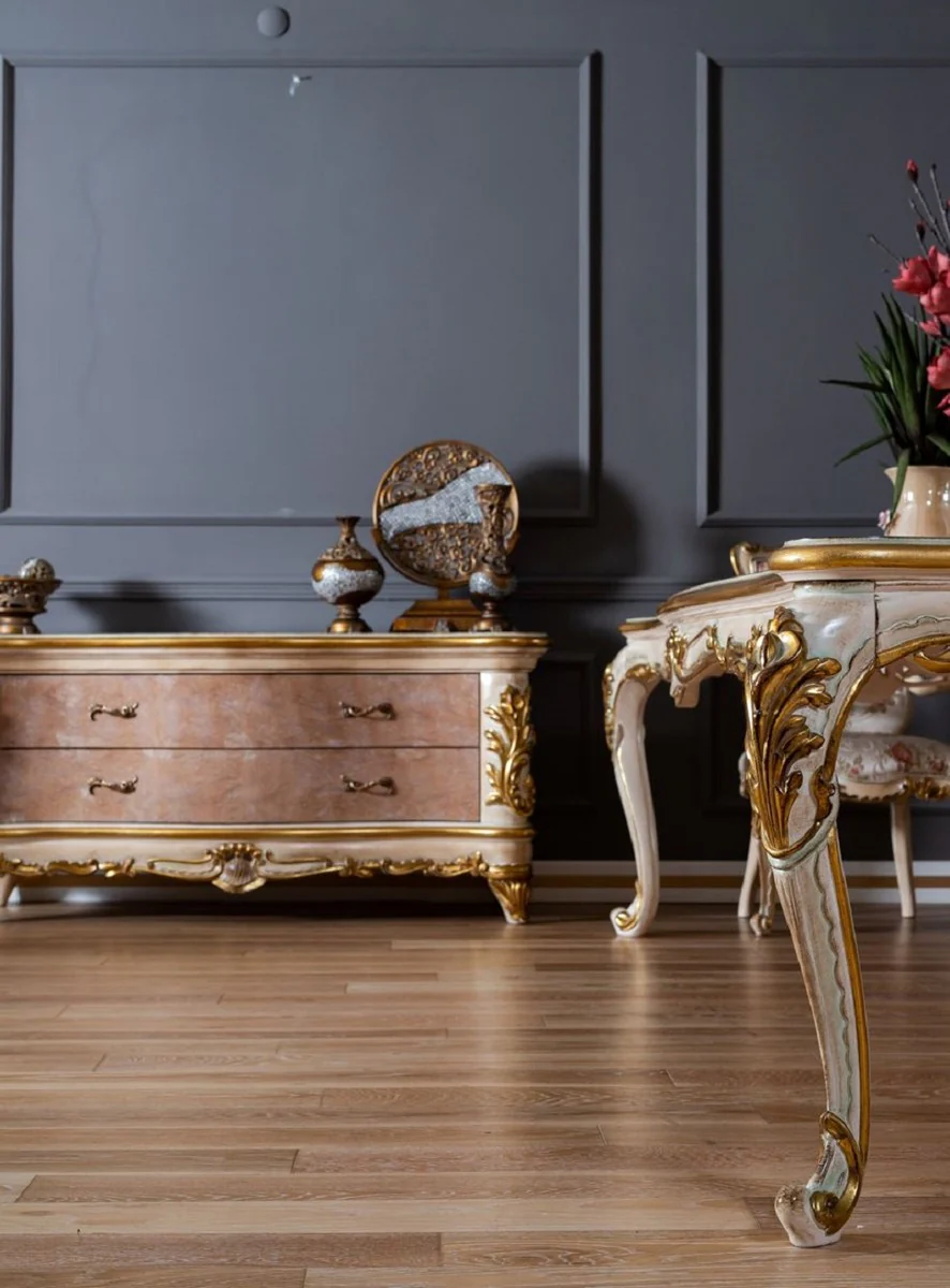 Casa Padrino cómoda barroco de lujo beige / blanco / oro - Magnífico mueble de madera maciza con 2 cajones - Muebles Barrocos