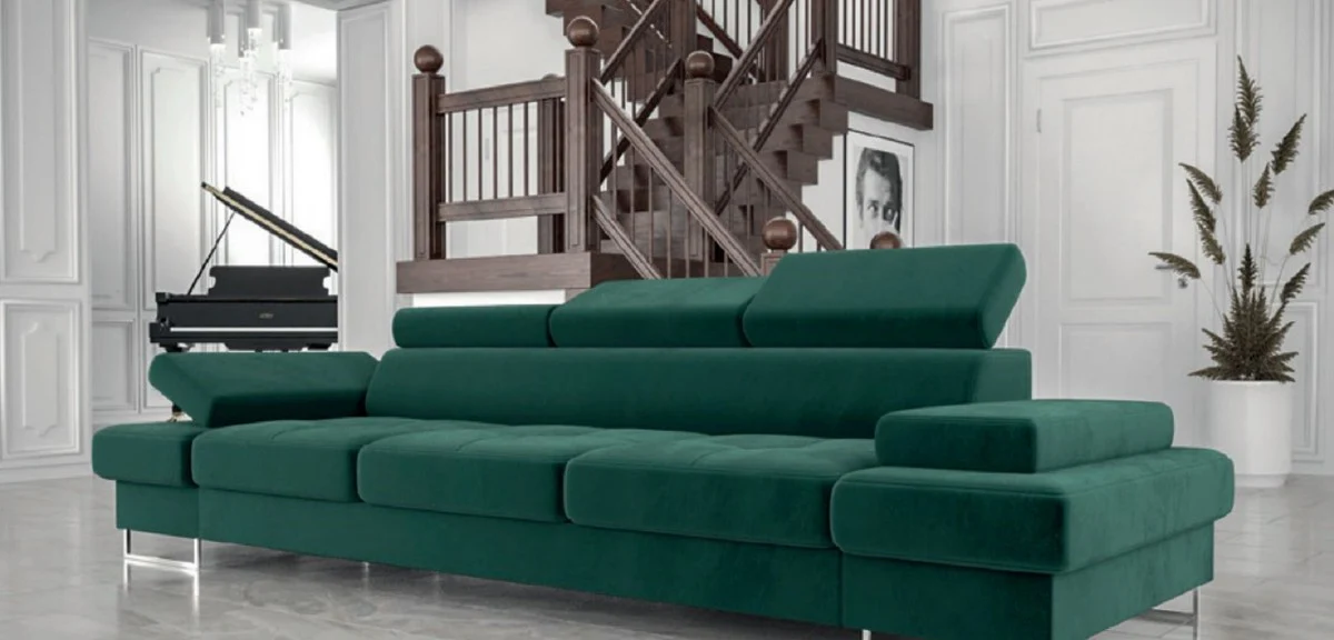 Casa Padrino sof¨¢ de terciopelo de lujo verde / plata 305 x 97 x A. 74-95 cm - Sof¨¢ de sal¨®n con reposacabezas ajustables - Muebles de sal¨®n - Muebles de lujo - Interior de lujo