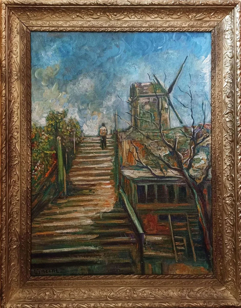 Cuadro pintura al óleo vintage según Vincent van Gogh Paisaje con Molino 62,25 x A. 76,5 cm - Pintura antigua auténtica según original - Pintada a mano