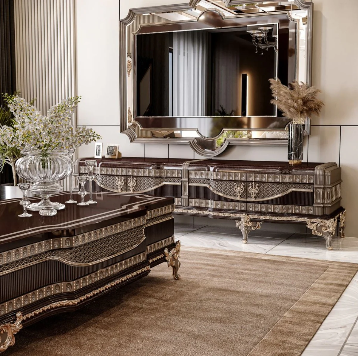 Casa Padrino mesa de centro barroco de lujo marr¨®n oscuro / gris / oro 156 cm