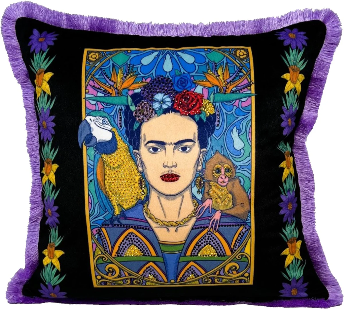 Frida Kahlo de Casa Padrino cojín decorativo de lujo con pedrería negro / colorido / púrpura