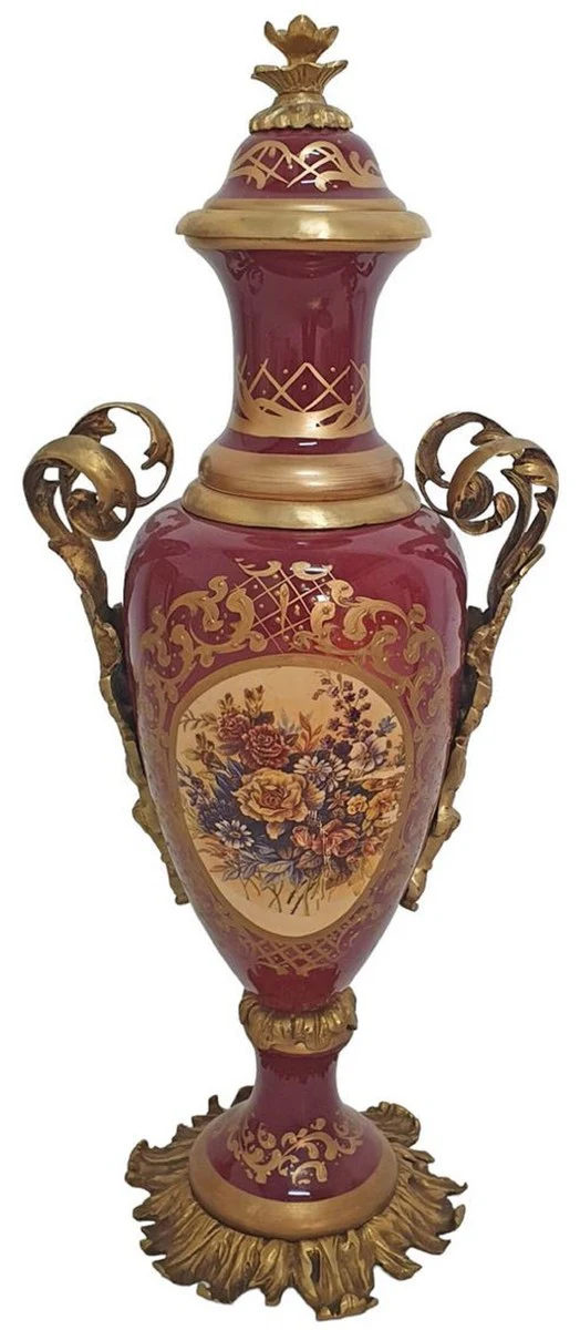 Casa Padrino conjunto de jarrones barrocos de cerámica decorativa con cuenco rojo / multicolor / latón - Magnífica decoración estilo barroco - Accesorios decorativos barrocos - Muebles barrocos