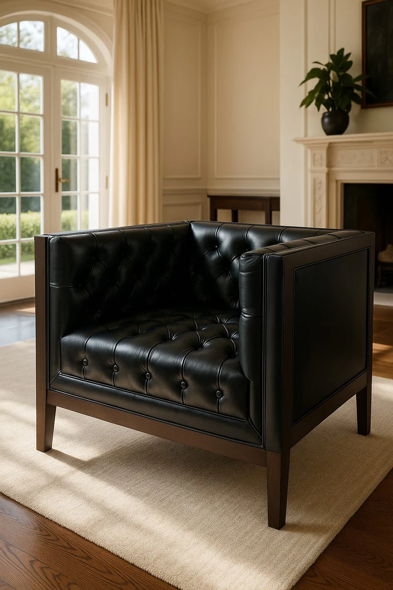Casa Padrino sill¨®n de cuero Chesterfield de lujo negro / marr¨®n 91 x 78 x A. 72 cm - Sill¨®n de cuero genuino - Muebles Chesterfield - Muebles cuero genuino - Muebles de lujo