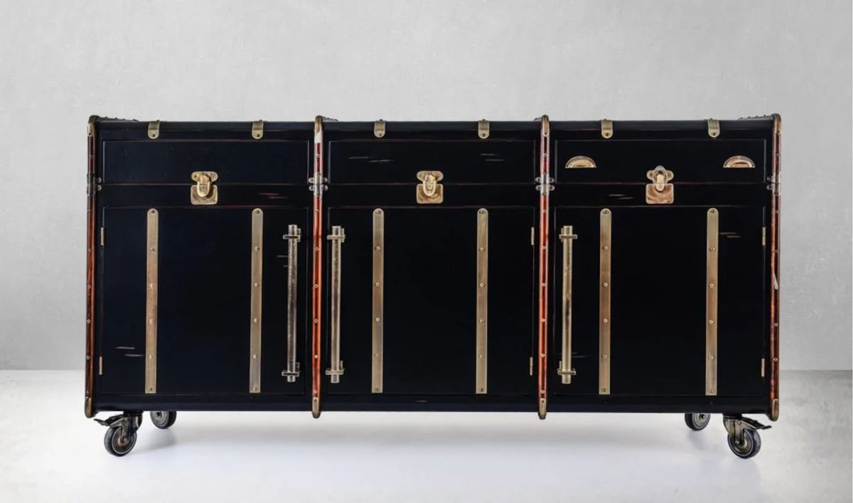 Casa Padrino aparador de lujo en óptica de maleta negro / marrón / latón 200 x 48 x A. 101 cm - Armario maleta de madera maciza con ruedas - Armario de oficina - Armario de salón - Muebles de lujo