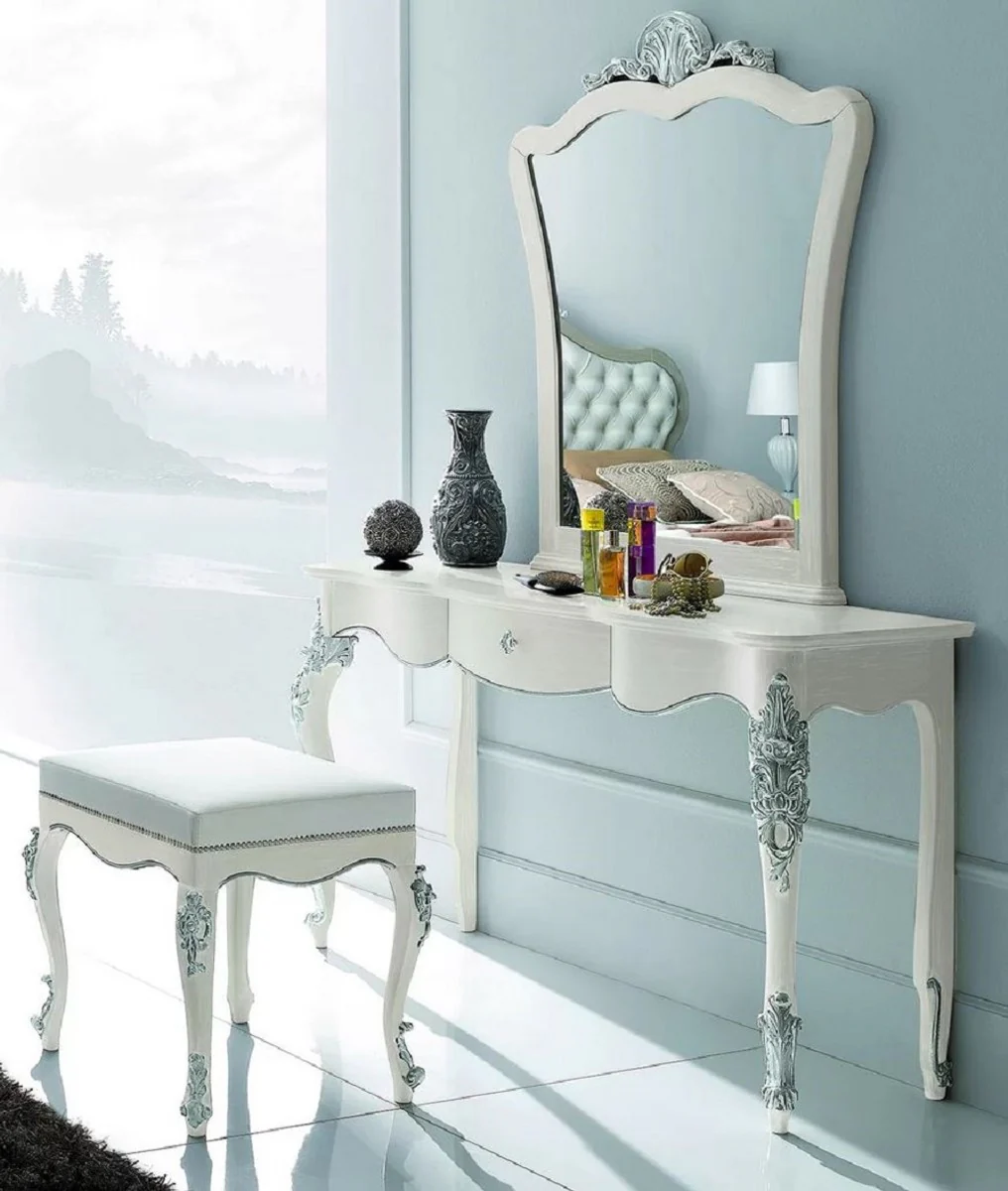 Casa Padrino Conjunto de Dormitorio Barroco de Lujo - 1 Consola de Maquillaje Barroco y 1 Espejo de Pared Barroco y 1 Taburete Barroco - Muebles de Dormitorio - Calidad de Lujo - Hecho en Italia