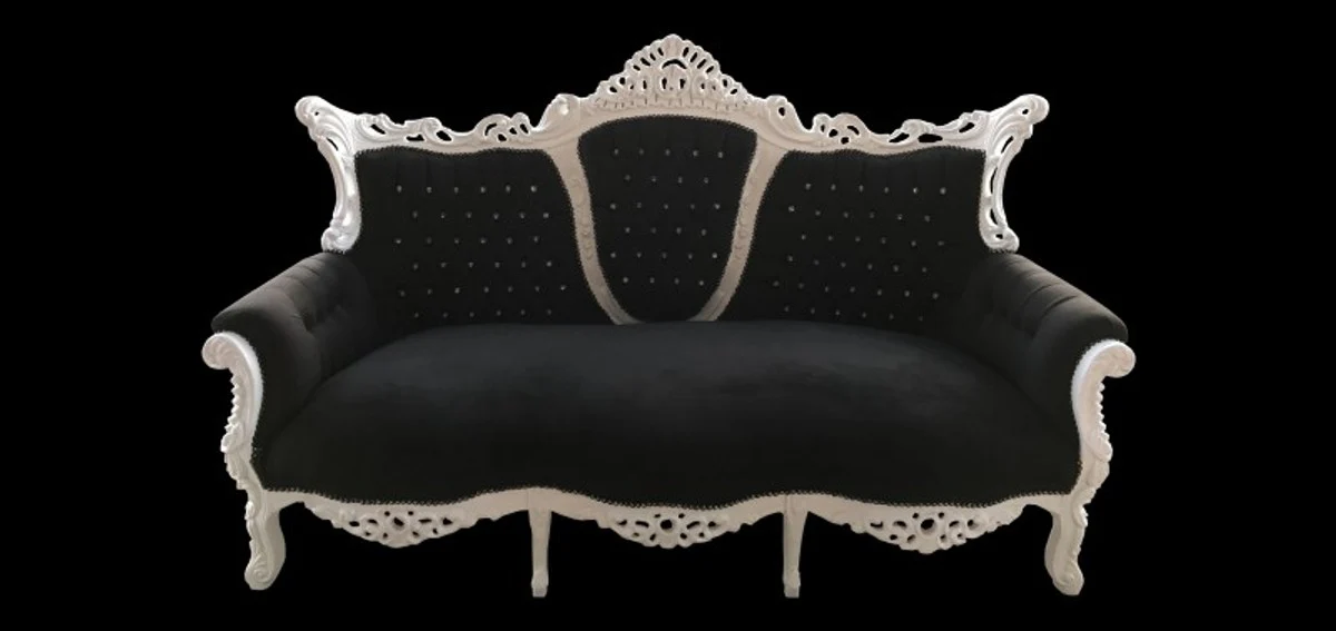 Casa Padrino Baroque 3 seater Master Black / White with Bling Bling diamante - Living room furniture Coffee Lounge - Limited Edition