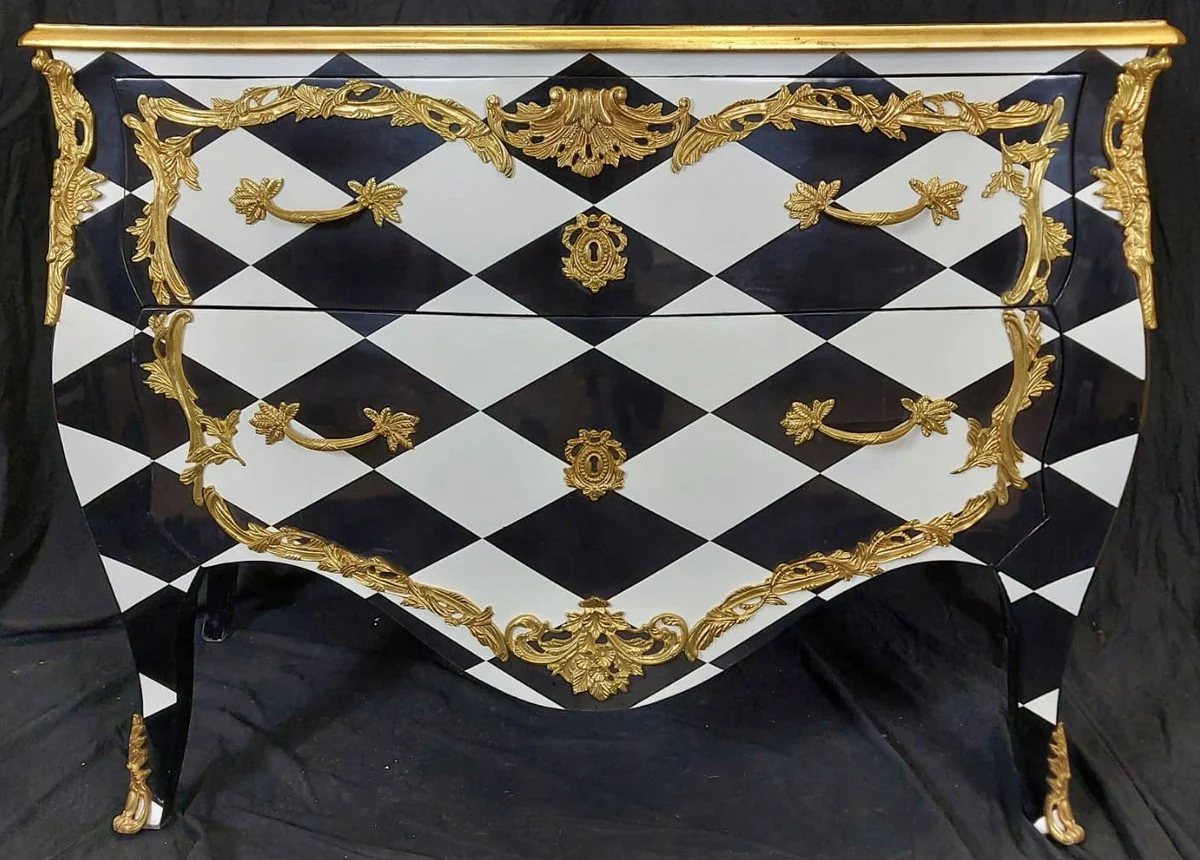 Casa Padrino cómoda barroco con diseño de cuadros y 2 cajones negro / blanco / oro - Cómoda de madera maciza hecho a mano estilo barroco - Muebles de dormitorio estilo barroco - Muebles barrocos