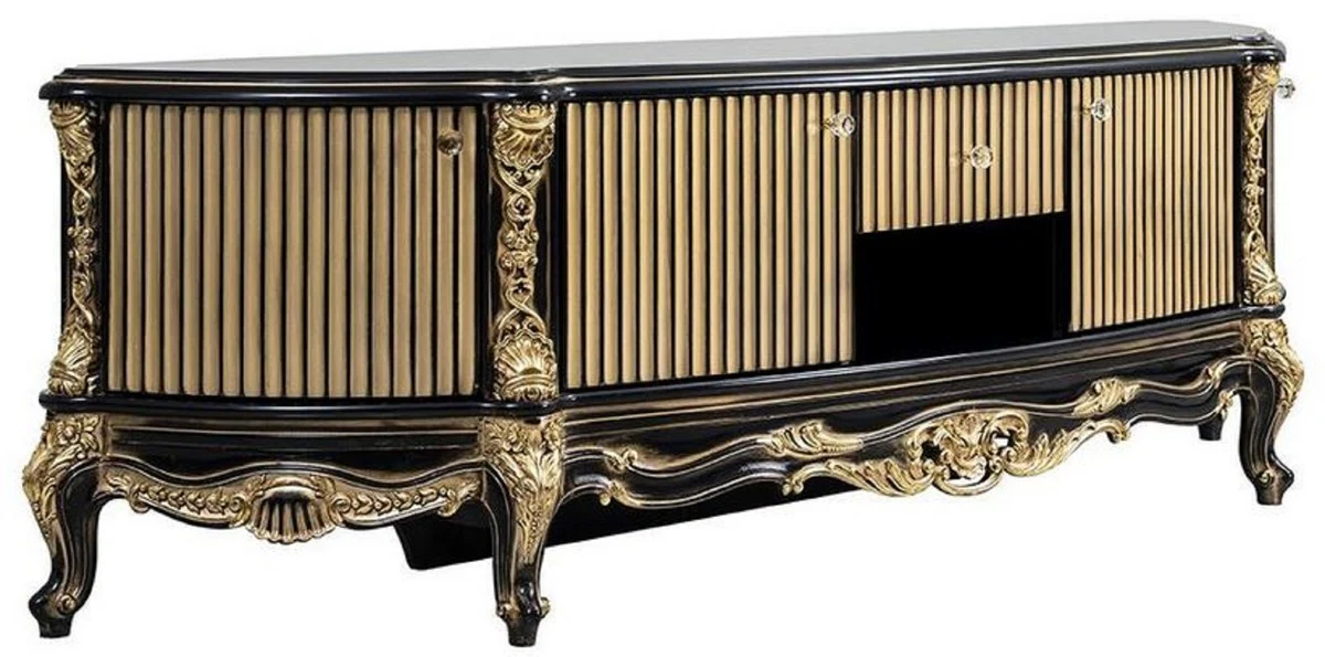 Casa Padrino gabinete TV barroco de lujo negro / oro - Magnífico aparador de madera maciza con 4 puertas y cajón - Muebles de salón barrocos