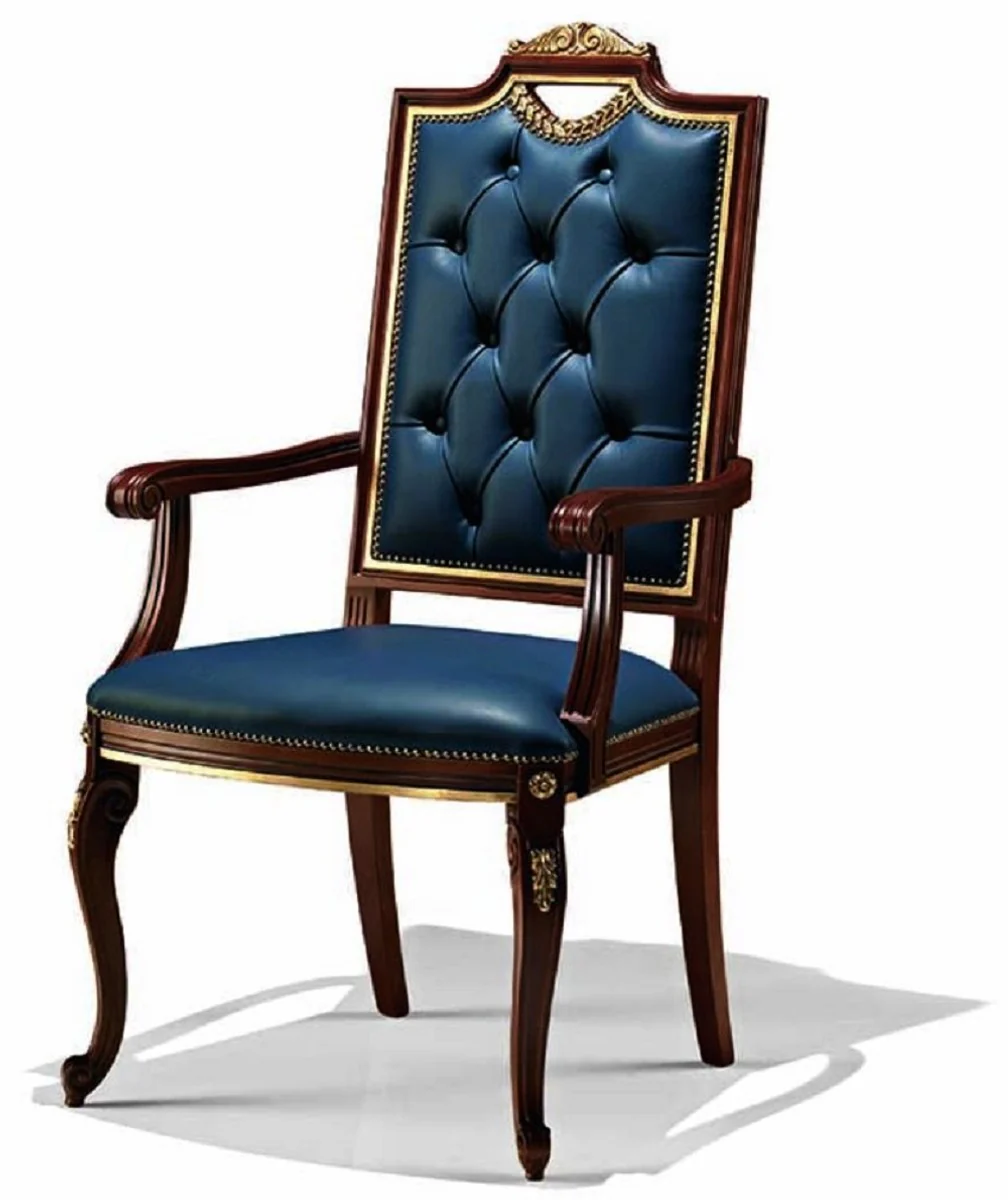 Casa Padrino Silla de Comedor Barroco de Lujo con Reposabrazos Azul / Marr¨®n / Oro - Muebles Barrocos Hecho en Italia