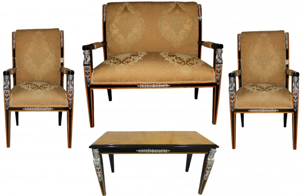 Casa Padrino Baroque Empire Salon Set of 4 Gold Pattern / Black / Mahogany / Silver - bench + 2 chairs + coffee table