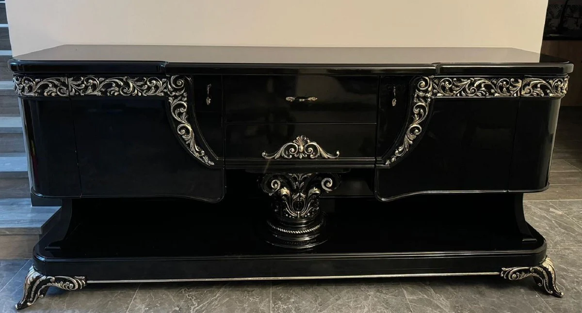 Casa Padrino aparador barroco de lujo negro / plata 230 cm - Muebles barrocos