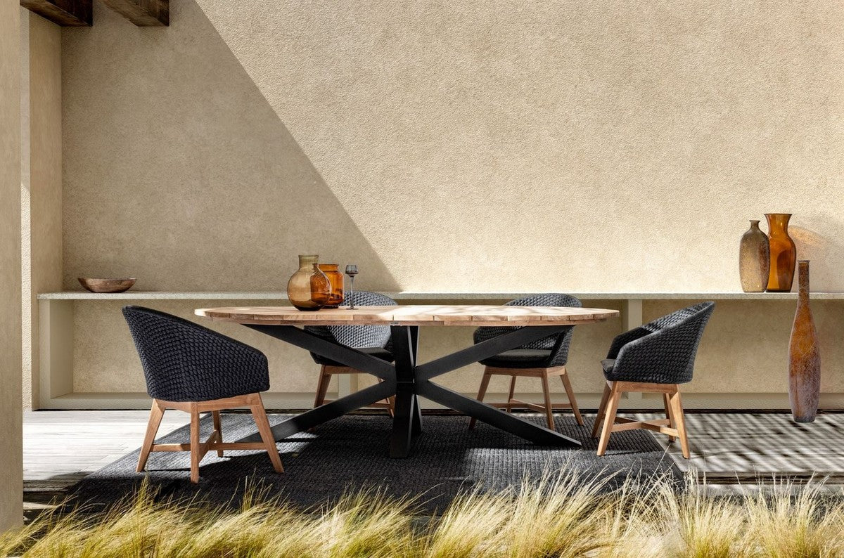 Casa Padrino mesa de jardín de lujo natural / negro 240 x 110 x A. 77 cm - Mesa de comedor ovalada con tablero de teca - Mesa de jardín y terraza - Muebles de jardín y terraza de lujo