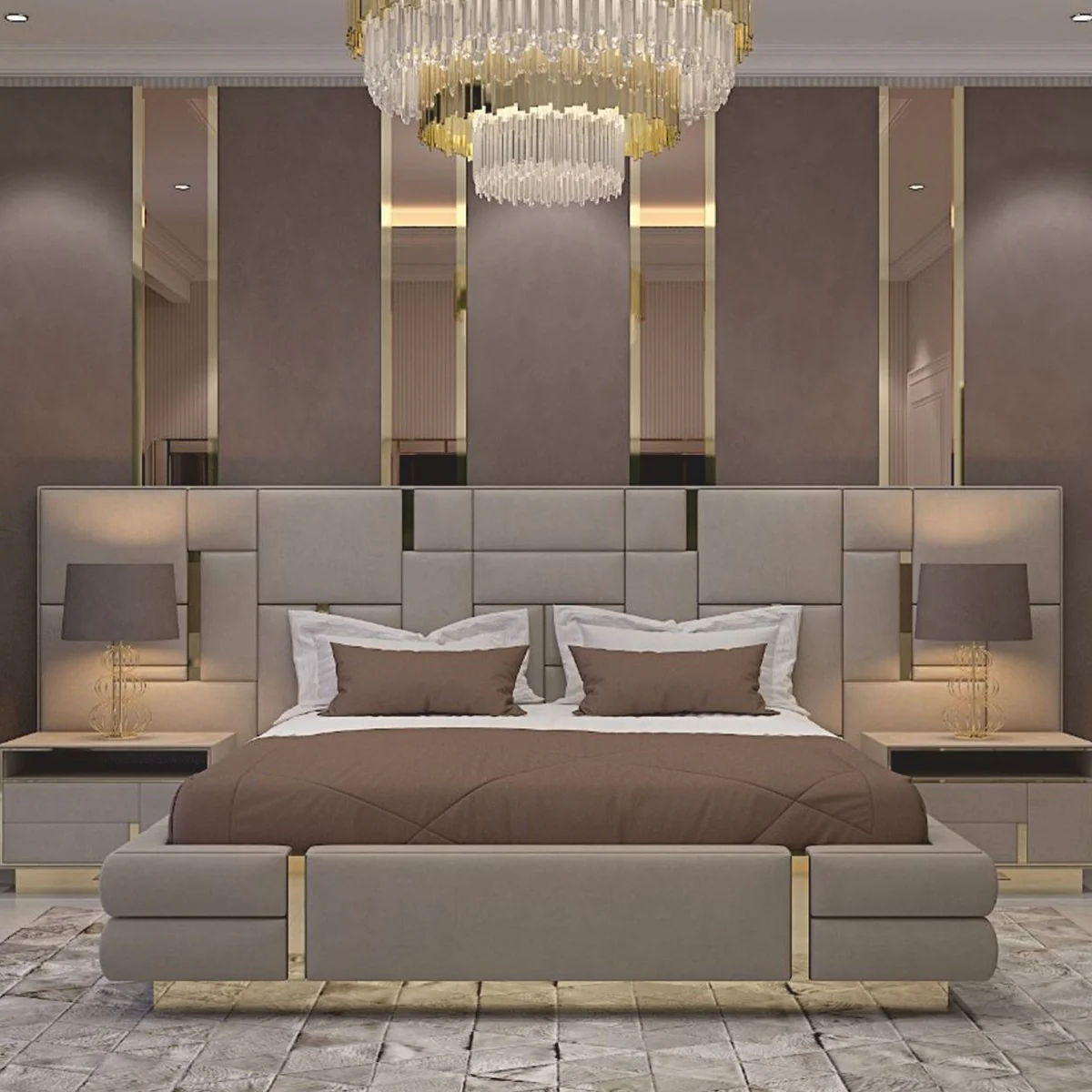 Casa Padrino cama doble de lujo gris / oro - Muebles para hoteles y dormitorios de lujo