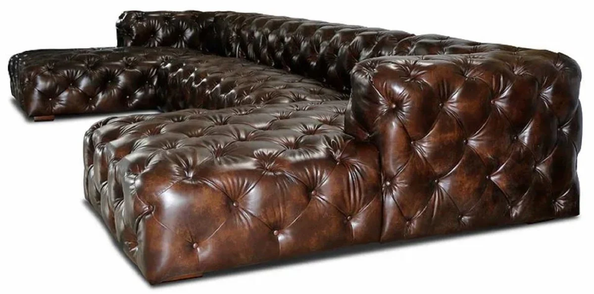 Casa Padrino Sof¨¢ Chesterfield de Lujo en Forma de U de Cuero Marr¨®n Oscuro Vintage 415 x 200 x A. 74 cm - Sof¨¢ de Sal¨®n de 3 Piezas de Cuero Genuino - Muebles de Sal¨®n Chesterfield de Lujo