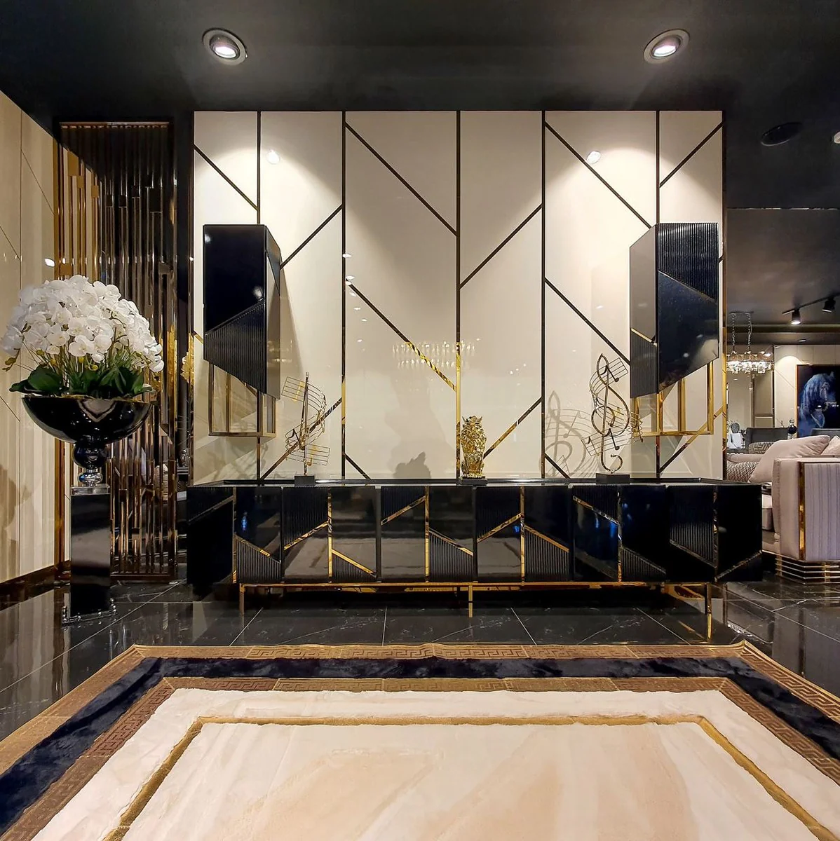 Casa Padrino conjunto de mueble de TV de lujo negro / or - 1 Armario de TV y 2 Gabinetes de Pared - Muebles de TV de sala de estar de lujo - Calidad de Lujo