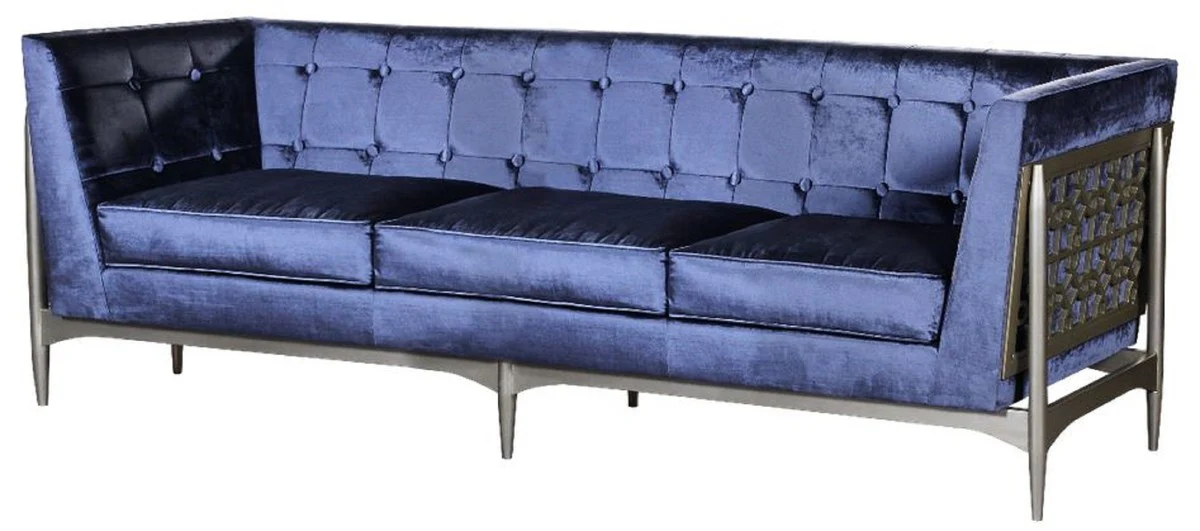 Casa Padrino sof¨¢ Art Deco de lujo de 3 plazas azul / gris 250 x 76 x A. 83 cm - Sof¨¢ de terciopelo noble con estructura de caoba - Muebles de Sal¨®n Art Deco