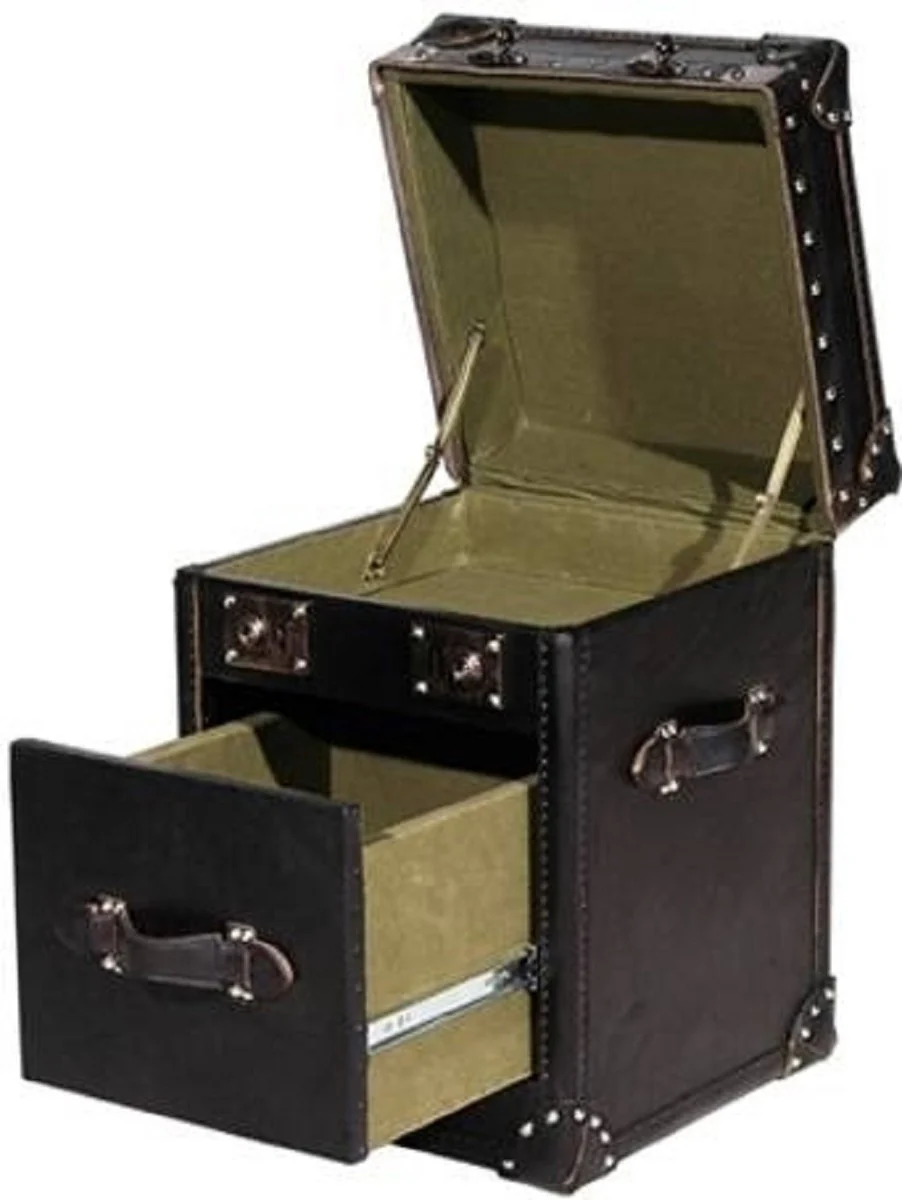 Casa Padrino mesa auxiliar de cuero de vaca con tapa y caj¨®n negro 47 x 45 x H. 57 cm - Mesa Auxiliar Hecha a Mano con Apariencia de Maleta