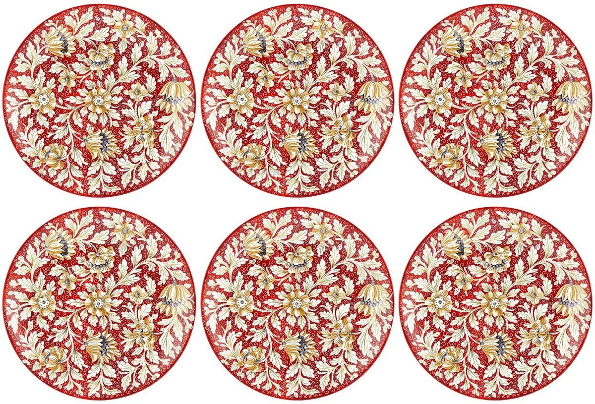 Casa Padrino conjunto de 6 platos de cerámica de lujo rojo / multicolor Ø 40 cm - Platos llanos hechos y pintados a mano con diseño floral - Accesorios hoteles y restaurantes - Hecho en Italia