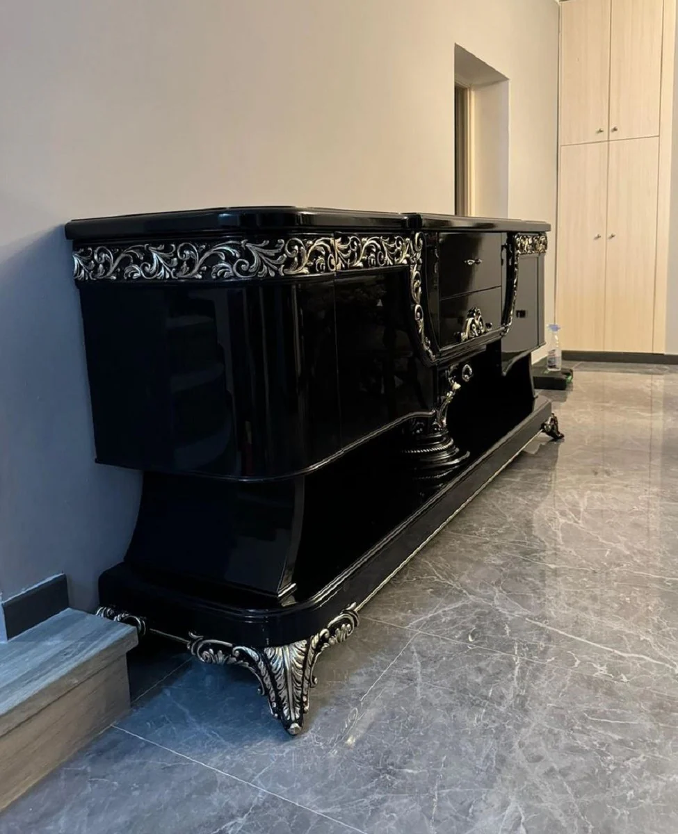 Casa Padrino aparador barroco de lujo negro / plata 230 cm - Muebles barrocos
