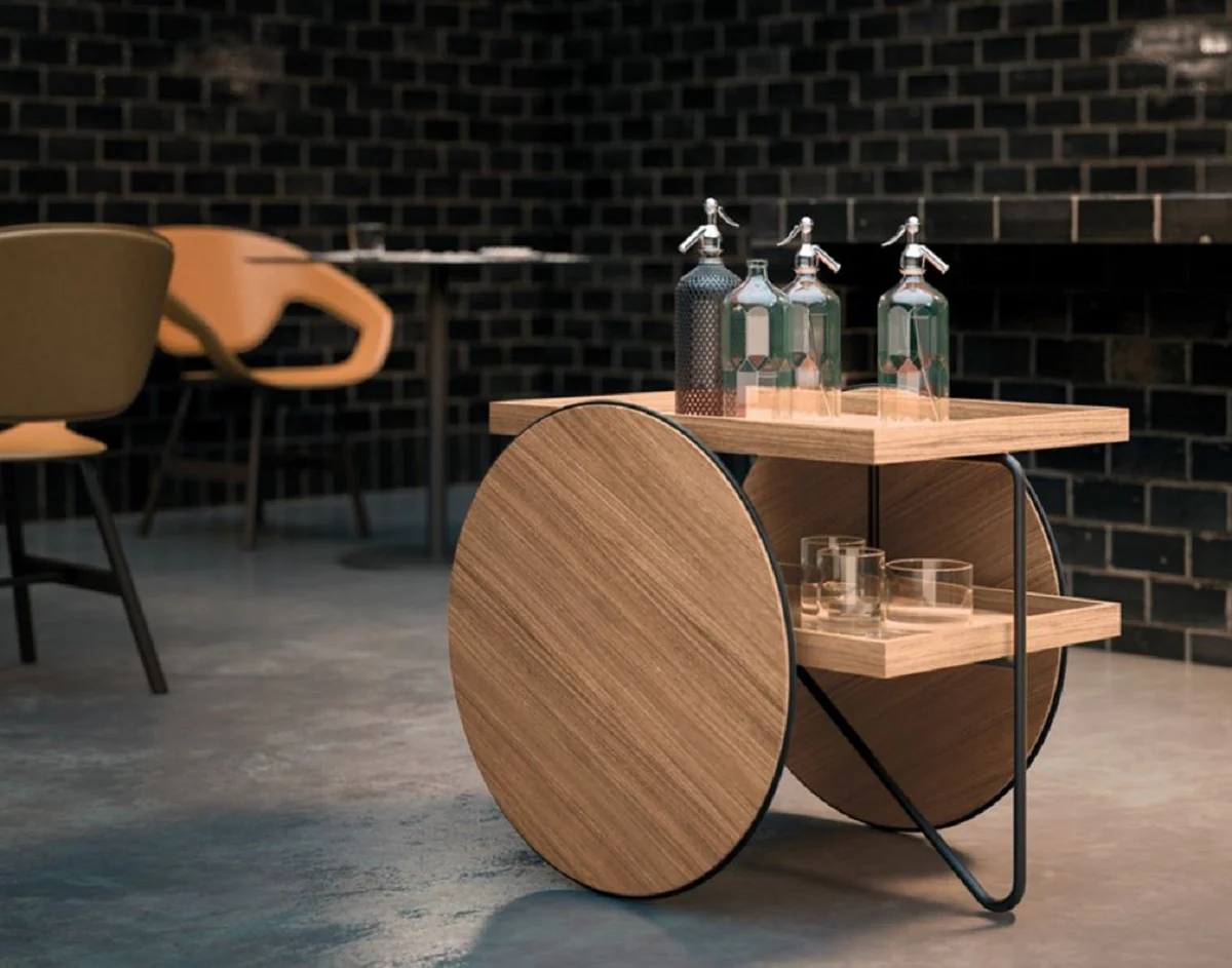 Casa Padrino Mesa Auxiliar de Lujo con Ruedas Natural / Negro - Hecho en Italia