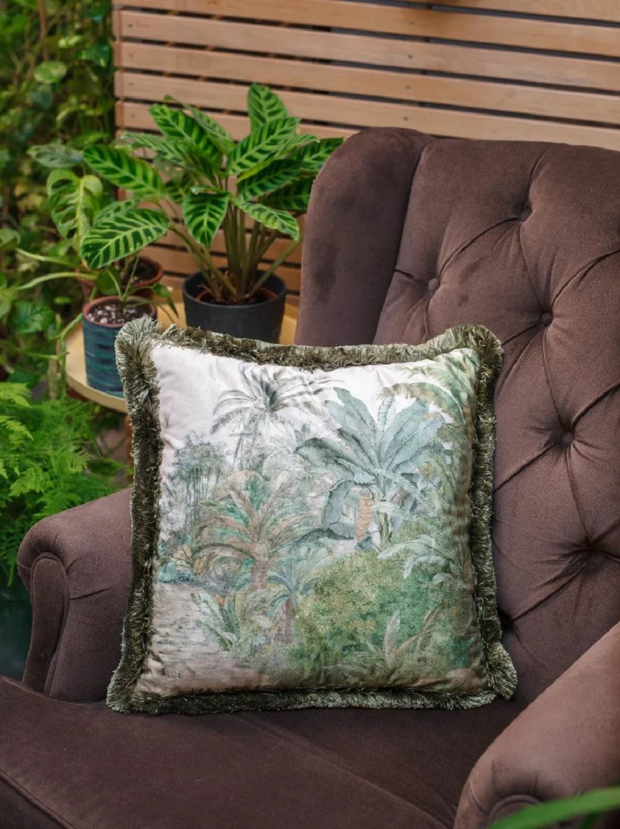 Casa Padrino almohada decorativa de lujo paisaje de palmeras crema / verde 45 x 45 cm - Almohada de terciopelo estampada con flecos - Accesorios de decoración de salón