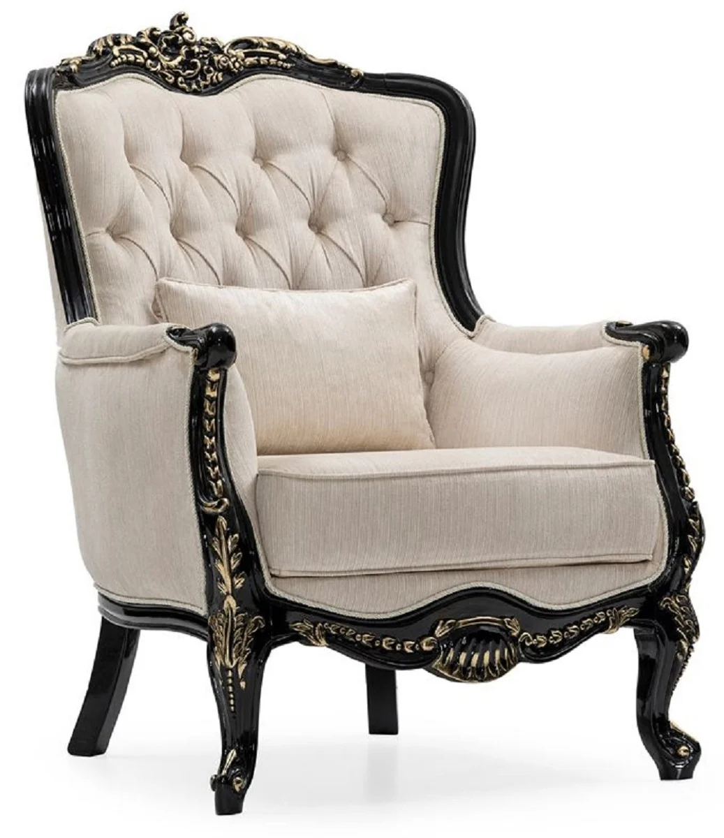 Casa Padrino conjunto de sala de estar barroco de lujo crema / negro / oro - 2 Sof¨¢s y 2 Sillones y 1 Mesa de Centro - Muebles de sal¨®n hechos a mano estilo barroco