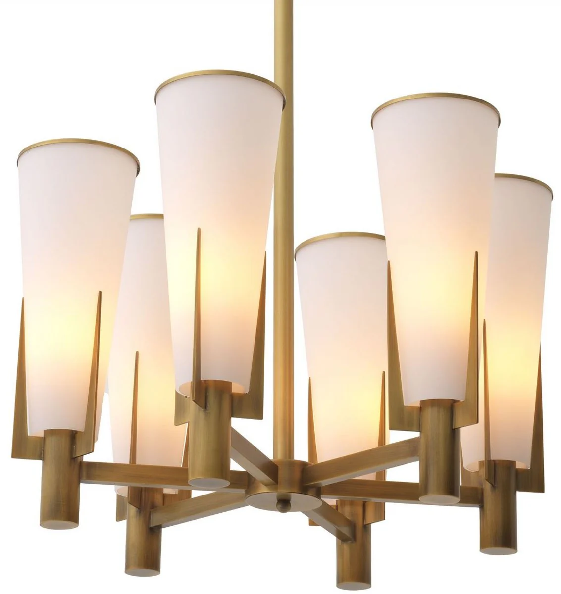 Casa Padrino lámpara de araña de lujo latón antiguo / blanco Ø 60 x A. 78 cm - Lámpara de araña moderna de metal con pantallas de vidrio - Colección de Lujo